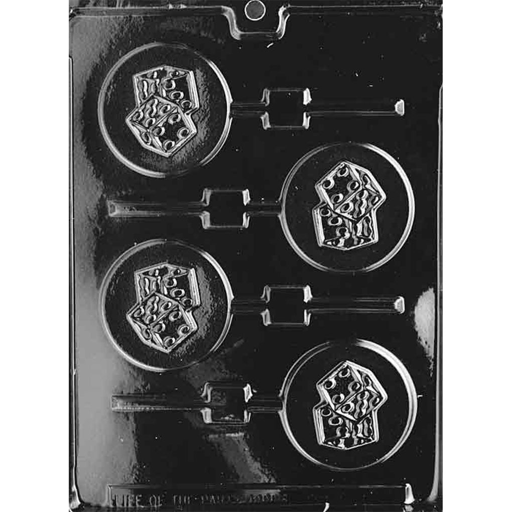 Four-cavity round dice chocolate lollipop mold with two overlapping dice and raised dot pips centered on each pop