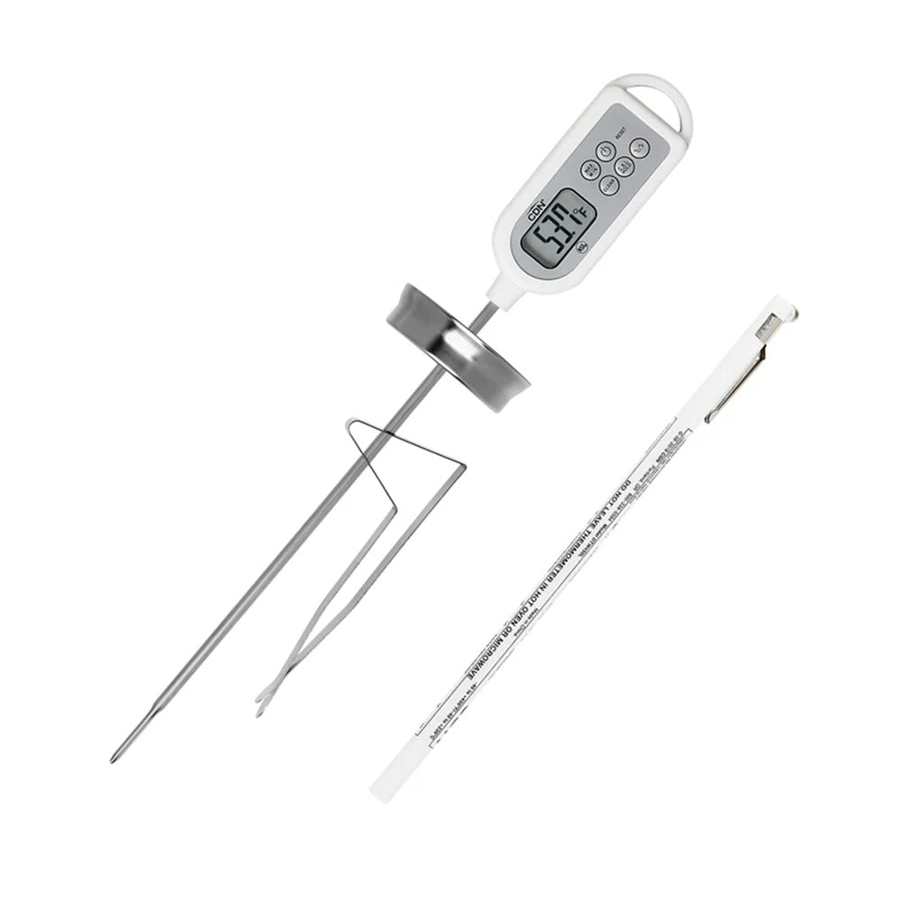 White waterproof digital thermometer with an 8-inch metal probe, adjustable stainless steel pot clip, and protective sleeve shown on a white background.