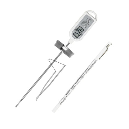 White waterproof digital thermometer with an 8-inch metal probe, adjustable stainless steel pot clip, and protective sleeve shown on a white background.