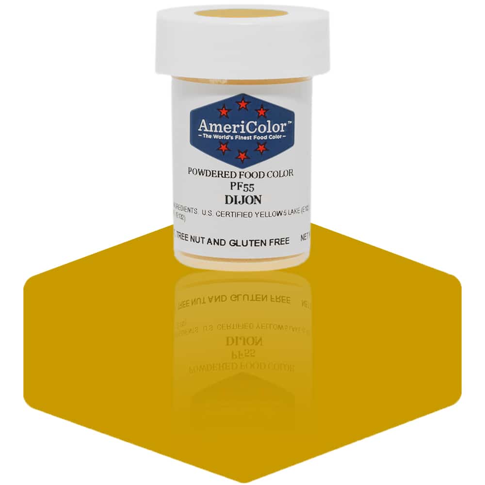 AmeriColor Dijon powdered food coloring 3 gram container displaying golden mustard-toned powder for buttercream and fondant.