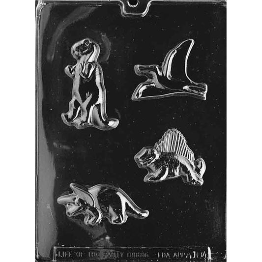 Dinosaur Assortment Chocolate Mold with four cavities shaped like a standing dinosaur, pterodactyl, triceratops, and dimetrodon.