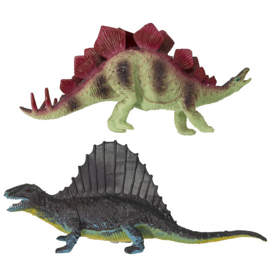 Two plastic dinosaur cake toppers, one red and green Stegosaurus and one black and yellow Spinosaurus.