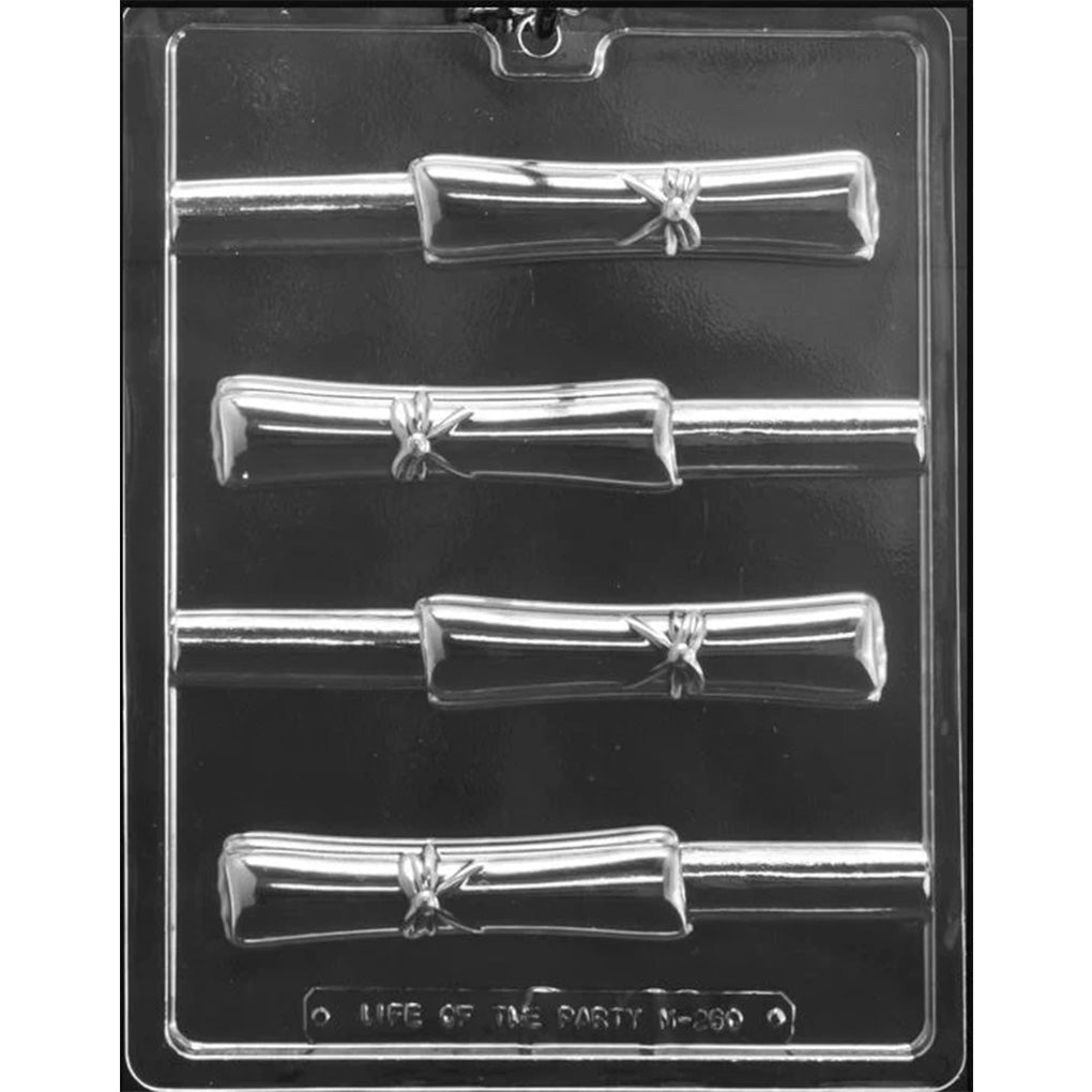 Clear plastic diploma pretzel chocolate mold with four long rolled-scroll cavities featuring a small tied bow detail, arranged vertically on a dark background.