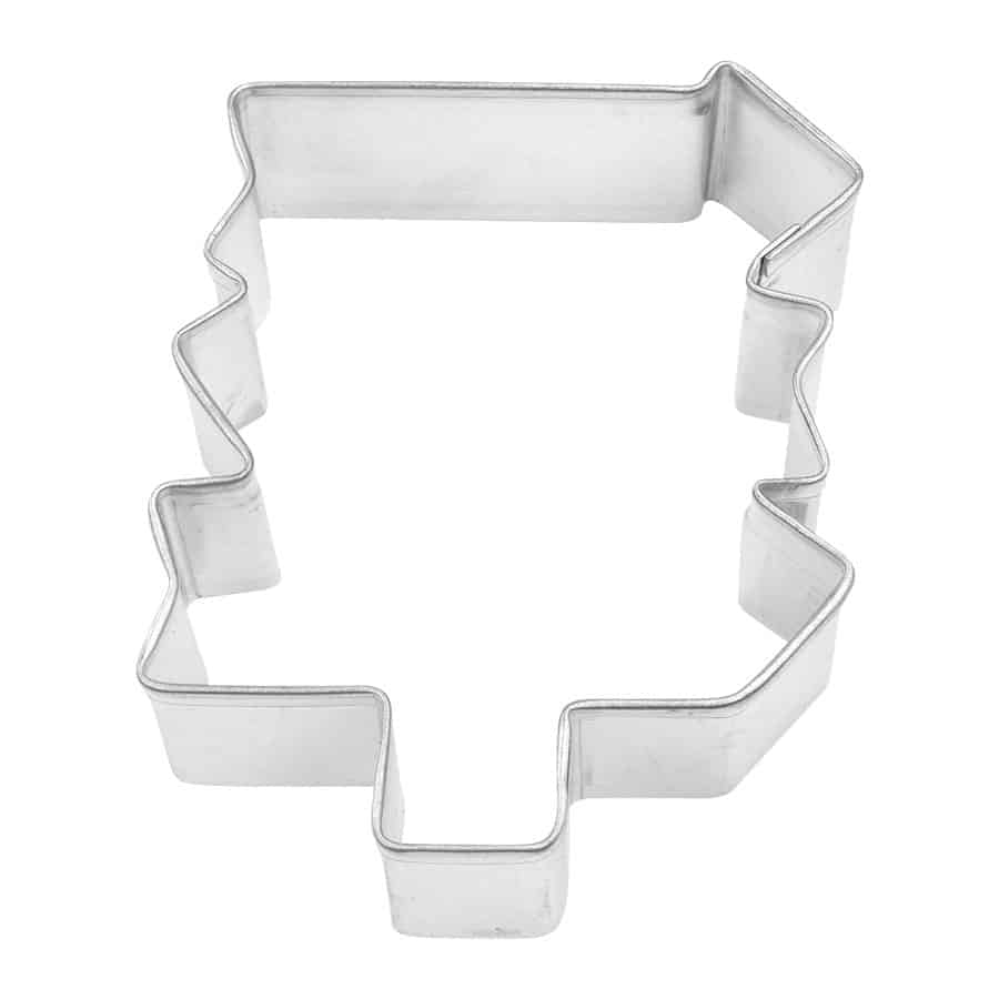 A 3-inch silver metal Directional Sign Cookie Cutter in the shape of a signpost with jagged edges, photographed from a top-down view against a white background.