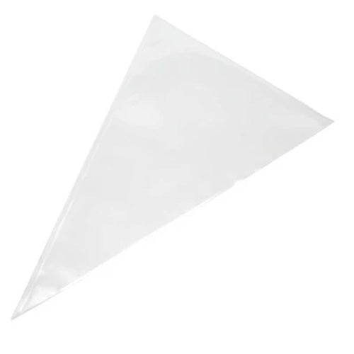 Clear disposable plastic piping bag shown flat on a white background, tapered to a pointed tip for decorating.