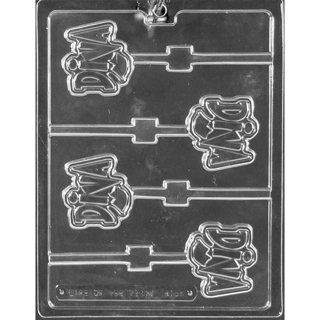 Diva chocolate lollipop mold with four cavities featuring bold Diva lettering, lip designs, and built-in stick channels