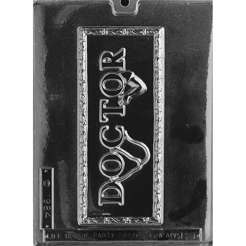 Single-cavity Doctor chocolate bar mold with raised DOCTOR lettering, stethoscope, physician figure, and decorative rectangular border