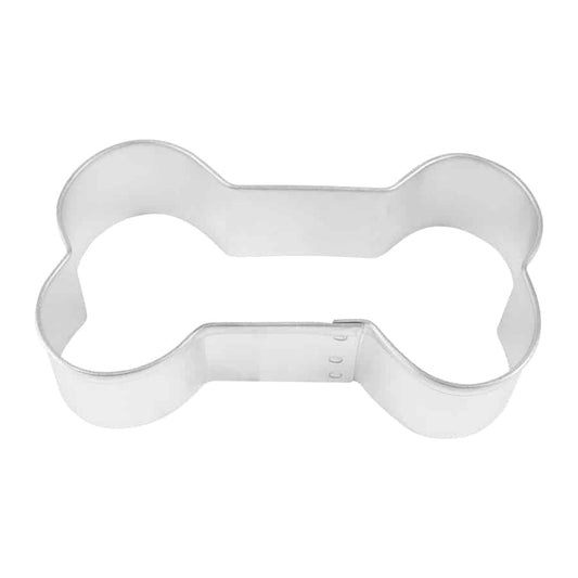 Metal dog bone cookie cutter with a simple, rounded shape, front view.