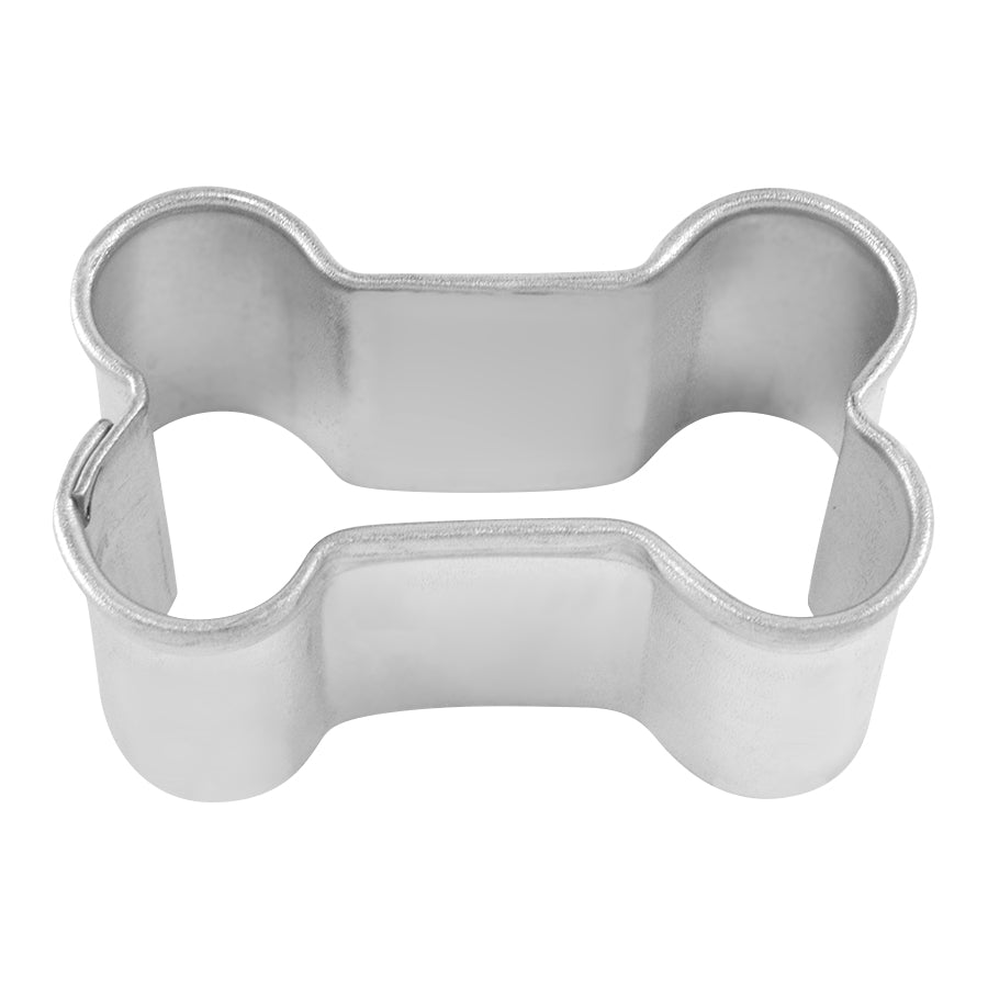 mini dog bone cookie cutter, top-down view, showing its small and sturdy shape for precise cookie cutting.