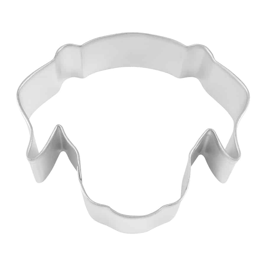 Dog face-shaped metal cookie cutter, measuring 3.5 inches by 3 inches.