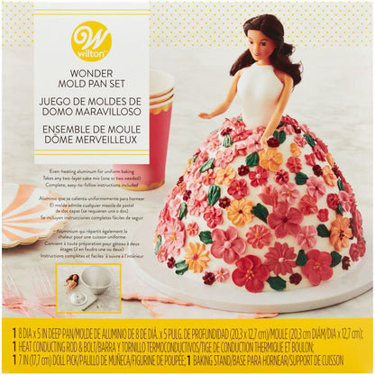 Wilton Wonder Mold Pan Set box with flower-covered doll cake and baking details.
