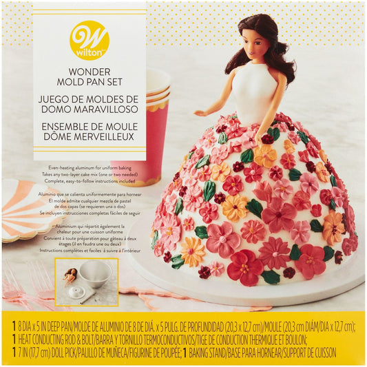 Wilton Wonder Mold Pan Set box with flower-covered doll cake and baking details.