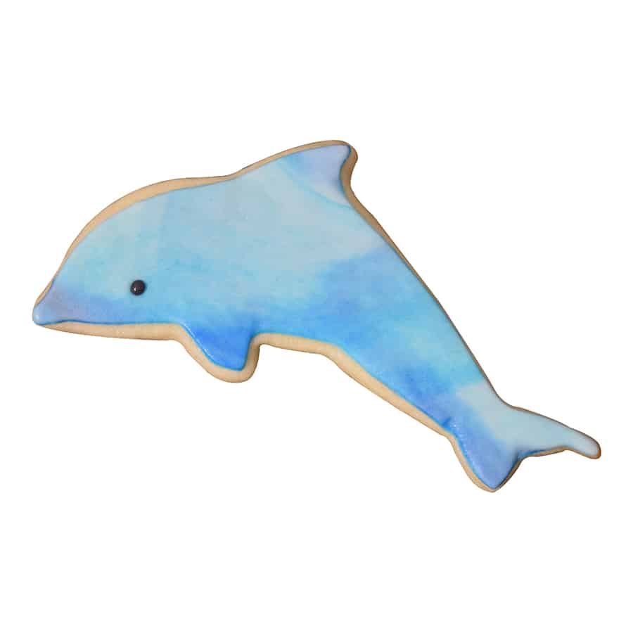 Decorated dolphin-shaped cookie with blue watercolor-style icing.