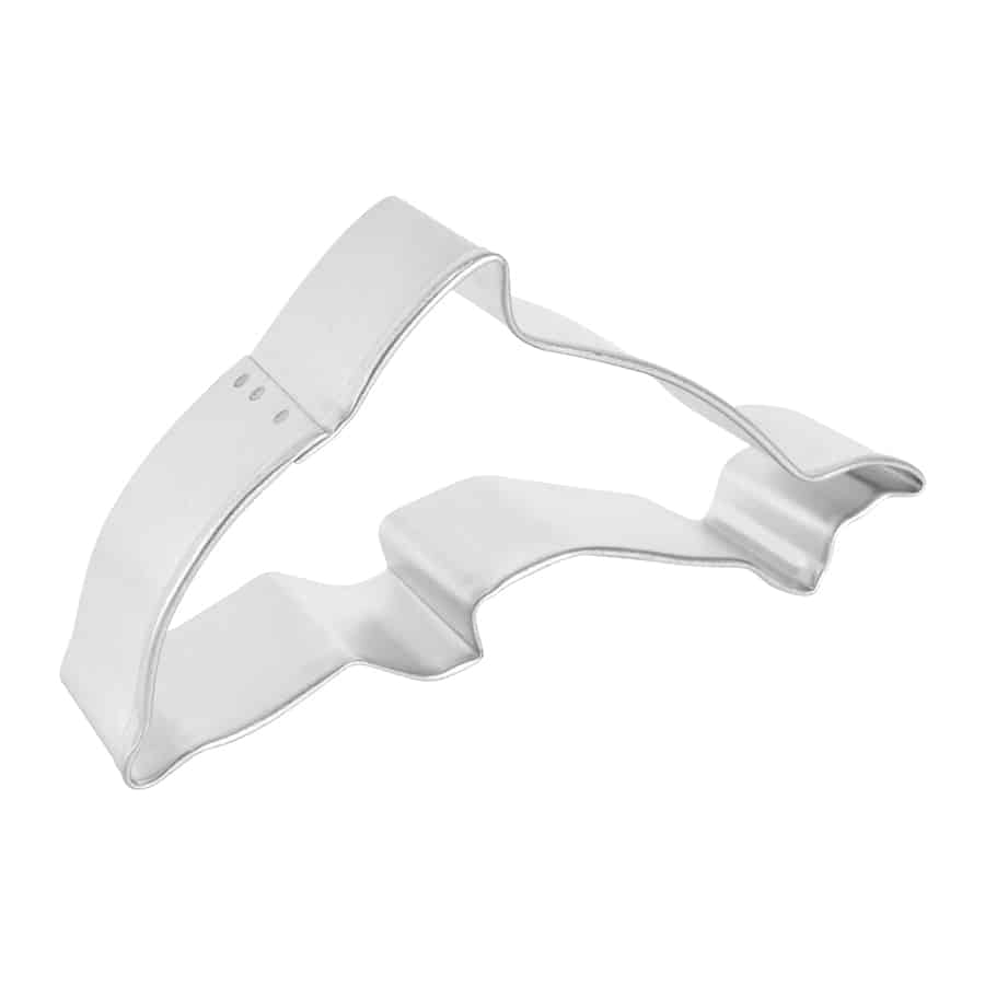 Side view of the dolphin cookie cutter, showing its curved shape.