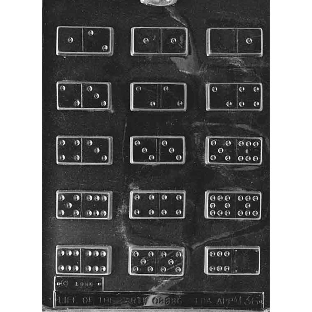 Dominoes chocolate mold with 15 bite-sized rectangular cavities featuring assorted pip patterns and center dividing lines