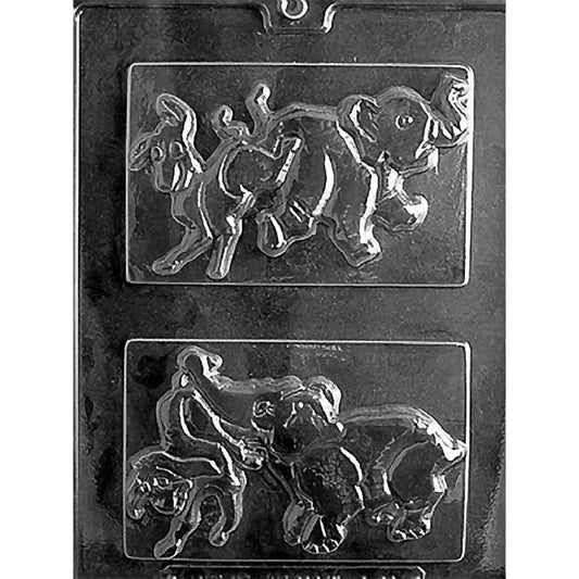 Two-cavity political chocolate bar mold with rectangular bars featuring detailed donkey and elephant scenes, using approximately 5.4 ounces per cavity.