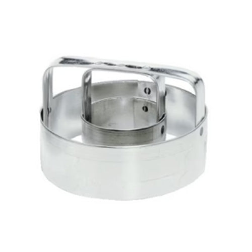 Metal 3-inch donut cutter with a circular outer ring, smaller inner ring for the center hole, and a raised handle across the top, photographed on a white background.