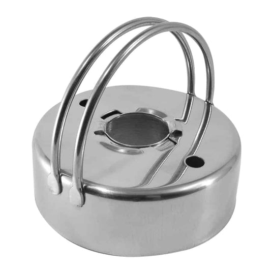 Top view of stainless steel donut and biscuit cutter with arched handles and a removable center for donut cutting, 2.75 inches in diameter.