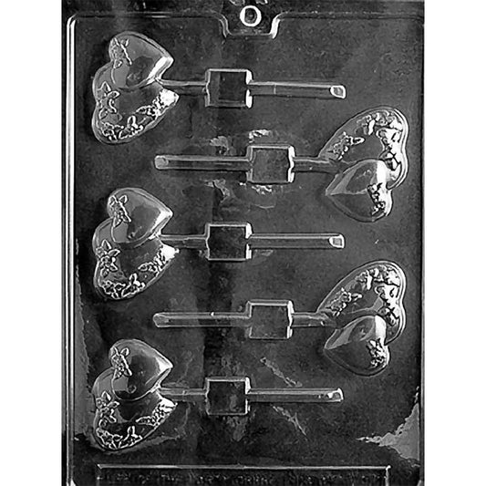 Clear five-cavity Small Double Heart Chocolate Lollipop Mold with overlapping hearts, floral accents, and built-in stick channels