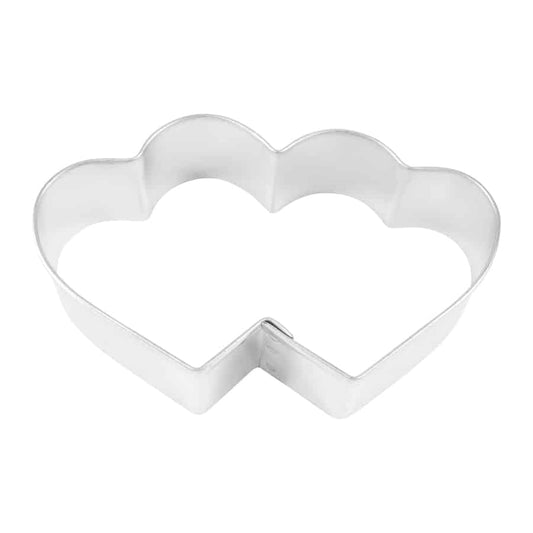 Metal double heart-shaped cookie cutter displayed against a white background.