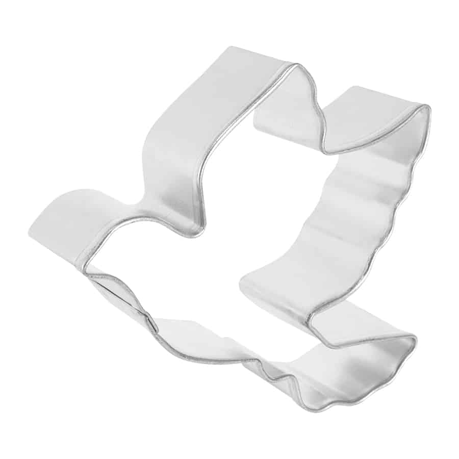 A side-angle view of the dove cookie cutter, showing its sturdy construction and curved details, highlighting the depth and precision of the design.