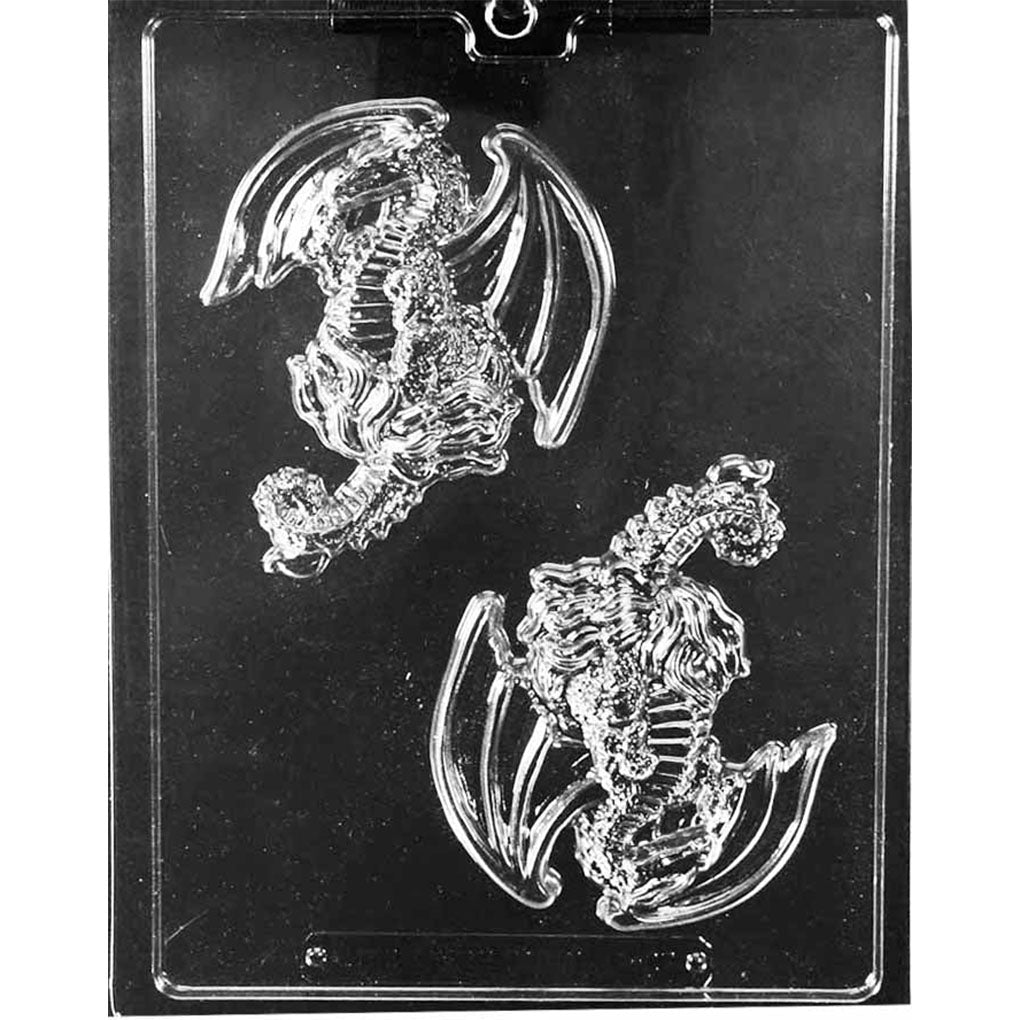 Two-cavity skeletal dragon chocolate mold with matching full-bodied dragons featuring horned skulls, exposed rib cages, bony limbs, curved necks, and large bat-like wings.