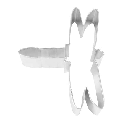 Top view of a steel dragonfly-shaped cookie cutter, measuring 4 inches wide, designed for creating nature-themed cookies.