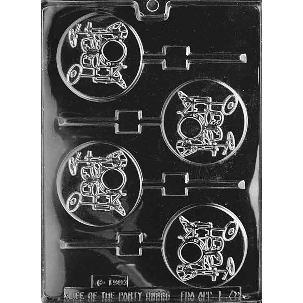 Four-cavity round drum set chocolate lollipop mold with detailed drums, cymbals, and stands; each cavity uses approximately 1 oz of chocolate