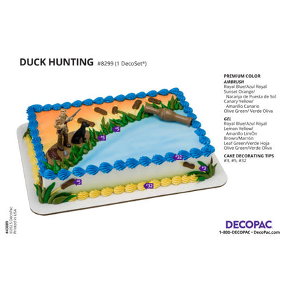 Reference guide image showing duck hunting cake design using DecoPac colors and piping tips.