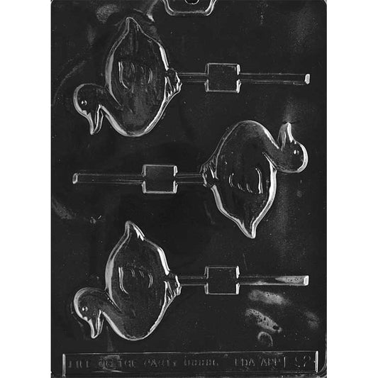 Clear plastic chocolate lollipop mold with three duck silhouette cavities showing a rounded body, curved beak, and light wing line details, each attached to a stick channel on a dark background.