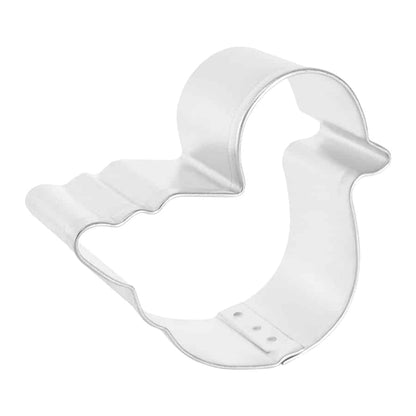 Side-angle view of a duckling cookie cutter showing its raised edges and sturdy construction, designed for cutting cookie dough and fondant.