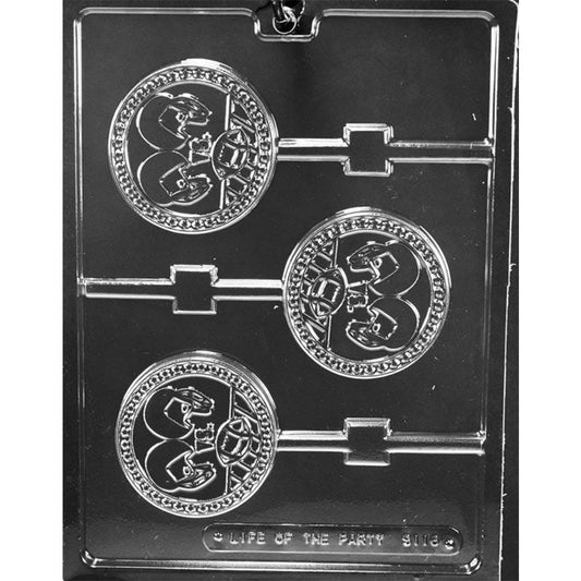 S118 three-cavity dueling football helmets chocolate lollipop mold with 3-inch round, 3/8-inch-deep pops and built-in stick channels