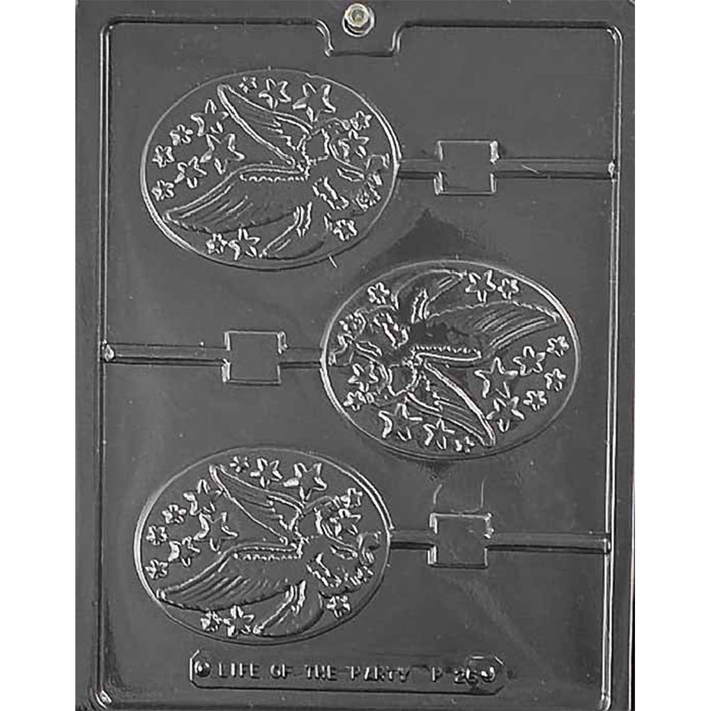 Plastic chocolate lollipop mold with three oval cavities featuring an eagle surrounded by stars.