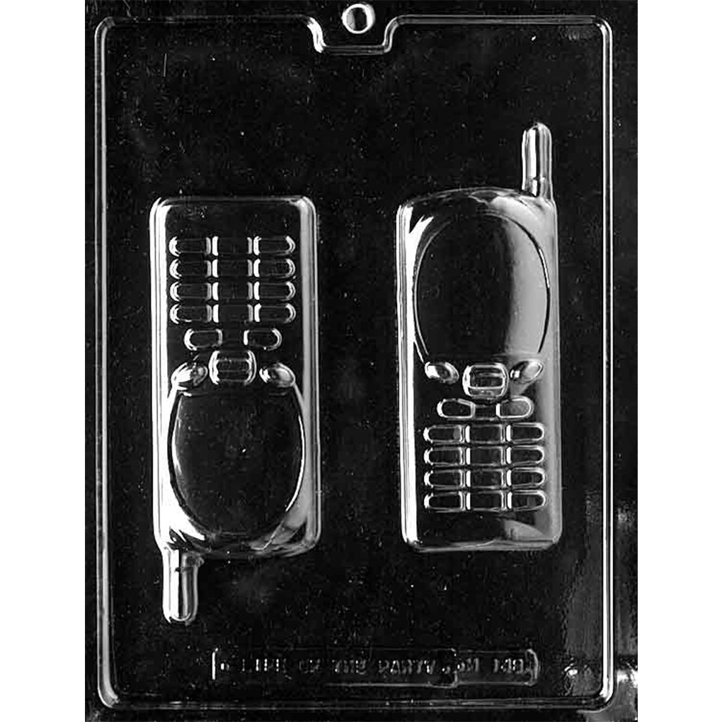 Clear Early Cell Phone Chocolate Mold with two 6-inch mobile phone cavities featuring screens, numeric keypads, buttons, and external antennas