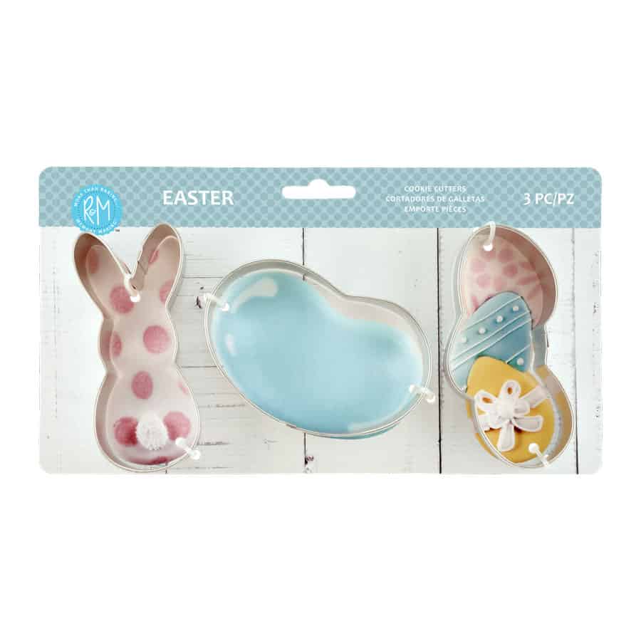 Easter-themed cookie cutter set in packaging, featuring a bunny, jelly bean, and stacked egg-shaped cutters.