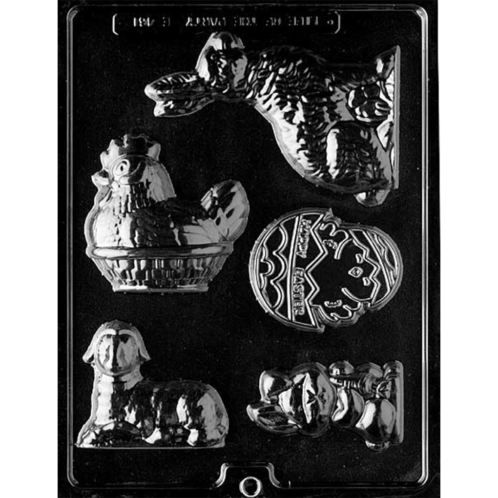 Clear Easter Basket Assortment Chocolate Mold photographed against a black background with 5 cavities featuring a lamb, bunny holding a carrot, chick hatching from an Easter egg, seated bunny, and hen sitting in a basket.