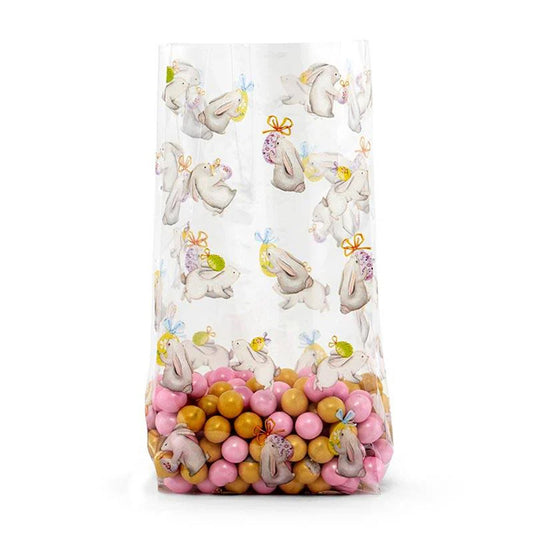 Medium clear cello treat bag with Easter bunny and egg print, shown filled with pink and gold candies.