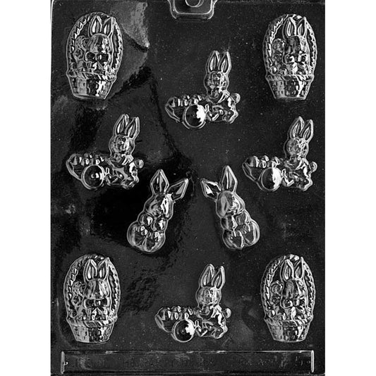 Clear plastic Easter bunny assortment chocolate mold shown on a black background, with cavities featuring a bunny in a basket, a bunny pushing an egg cart, and a sitting bunny.