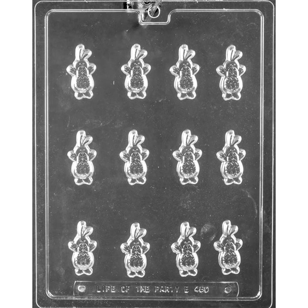 Twelve-cavity chocolate mold with matching mini Easter bunnies featuring long ears and raised face, paw, and belly details; each piece measures 1 3/4 x 1 inch.