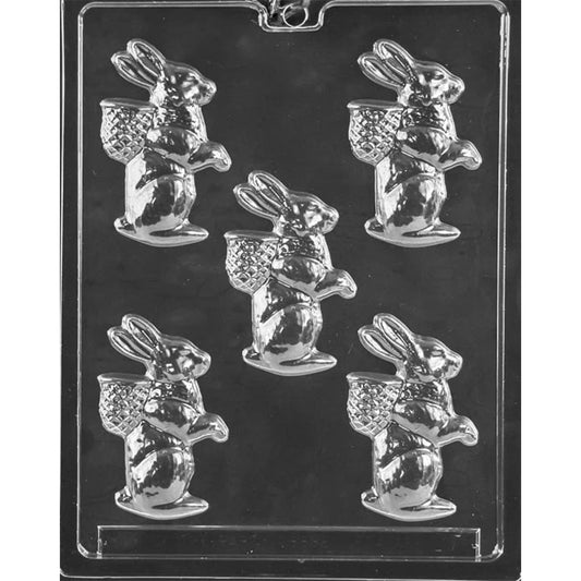 Chocolate mold featuring five upright bunnies with woven basket backpacks. Each bunny has a flat back and detailed fur and basket texture.