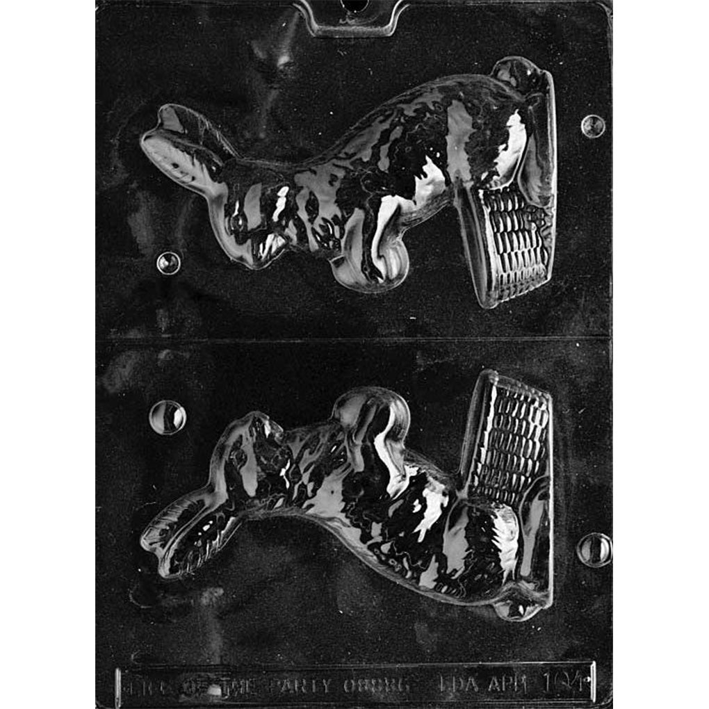 3D chocolate mold featuring a side-view Easter bunny holding an egg with a woven basket behind it. Flat-back design, ideal for molded chocolate figures and spring displays.