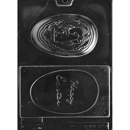 Happy Easter egg and tray chocolate mold with an oval egg cavity featuring an embossed bunny scene and a rectangular tray cavity with “Happy Easter” text and an oval groove to hold the egg shell.