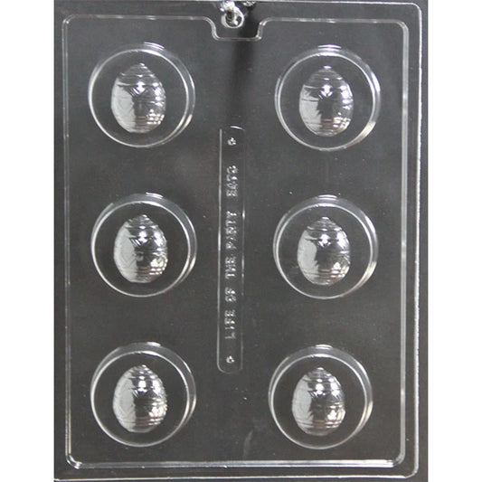Six-cavity Easter egg chocolate-covered Oreo cookie mold with round 2 1/4-inch cavities, 3/4-inch depth, and a raised decorated egg centered on each cookie.
