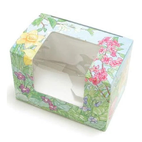 Easter themed candy box with a floral spring design and a clear window on top, shown assembled on a white background.