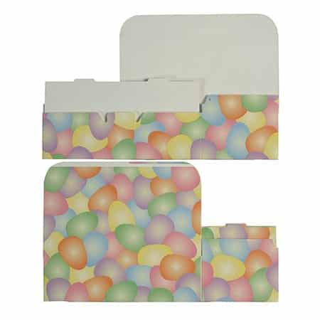 Flat and assembled views of pastel Easter egg candy box, showing folded design and bright spring-themed pattern