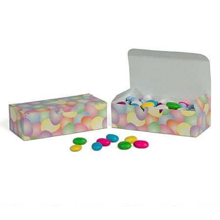 Pastel Easter egg printed candy box filled with colorful chocolate pieces, ideal for gifting or Easter treats