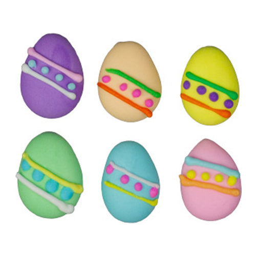 Set of six colorful royal icing Easter egg decorations with stripes and dot patterns, each measuring approximately 5/8 inch.