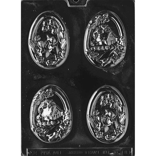 Clear plastic Easter scene egg chocolate mold with four large oval egg cavities, each embossed with detailed spring designs like baby chicks, flowers, and a cottage landscape.