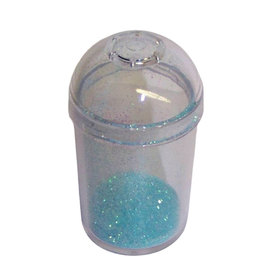 Clear plastic edible glitter shaker with a domed screw-on lid, partially filled with turquoise-blue edible glitter inside the bottle.