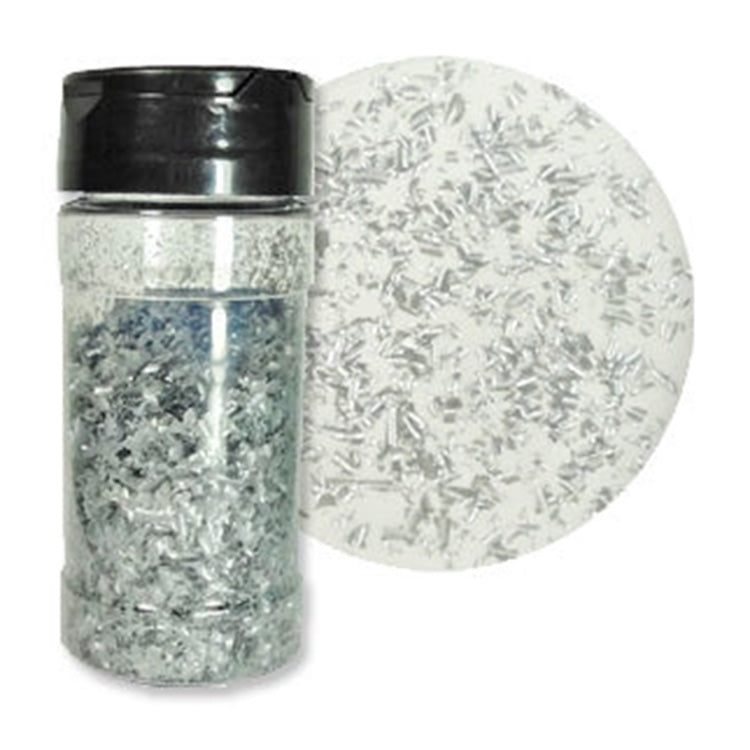 Silver Pearl Edible Glitter Flakes in a 1 oz. container with bright metallic silver flakes for decorating cakes, cookies, cupcakes, chocolate, and drinks.